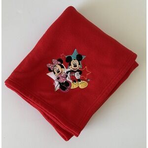 Disney Store Red Fleece Throw Blanket Mickey & Minnie Mouse Stars Embroidered
